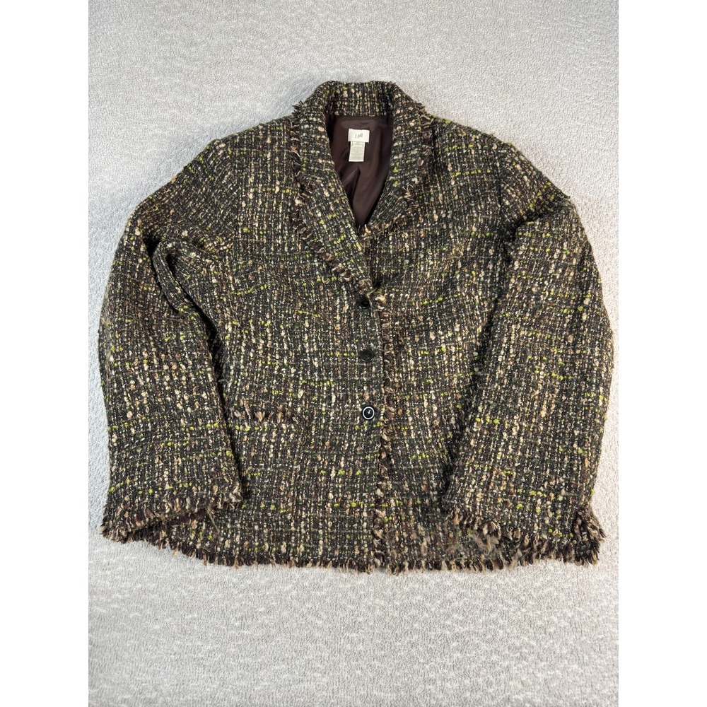 J Jill Blazer Jacket Womens 18T Tall Brown Tweed Wool Fringe Plaid Lined Classic